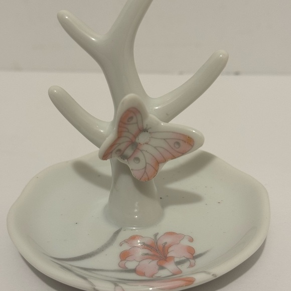 Vintage Jasco Porcelain Trinket Ring Holder Pink Gray Butterfly Floral Design - Picture 3 of 8